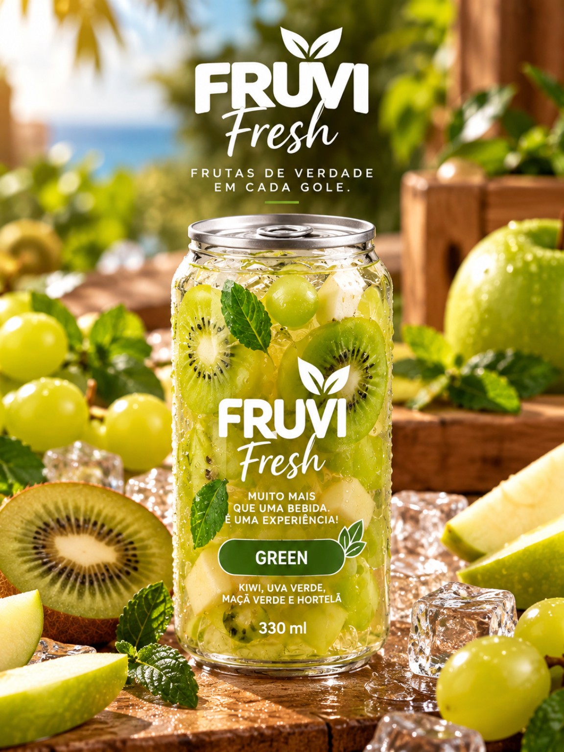 FRUVI Green com maçã verde, água de coco, uva verde, kiwi, hortelã e limão