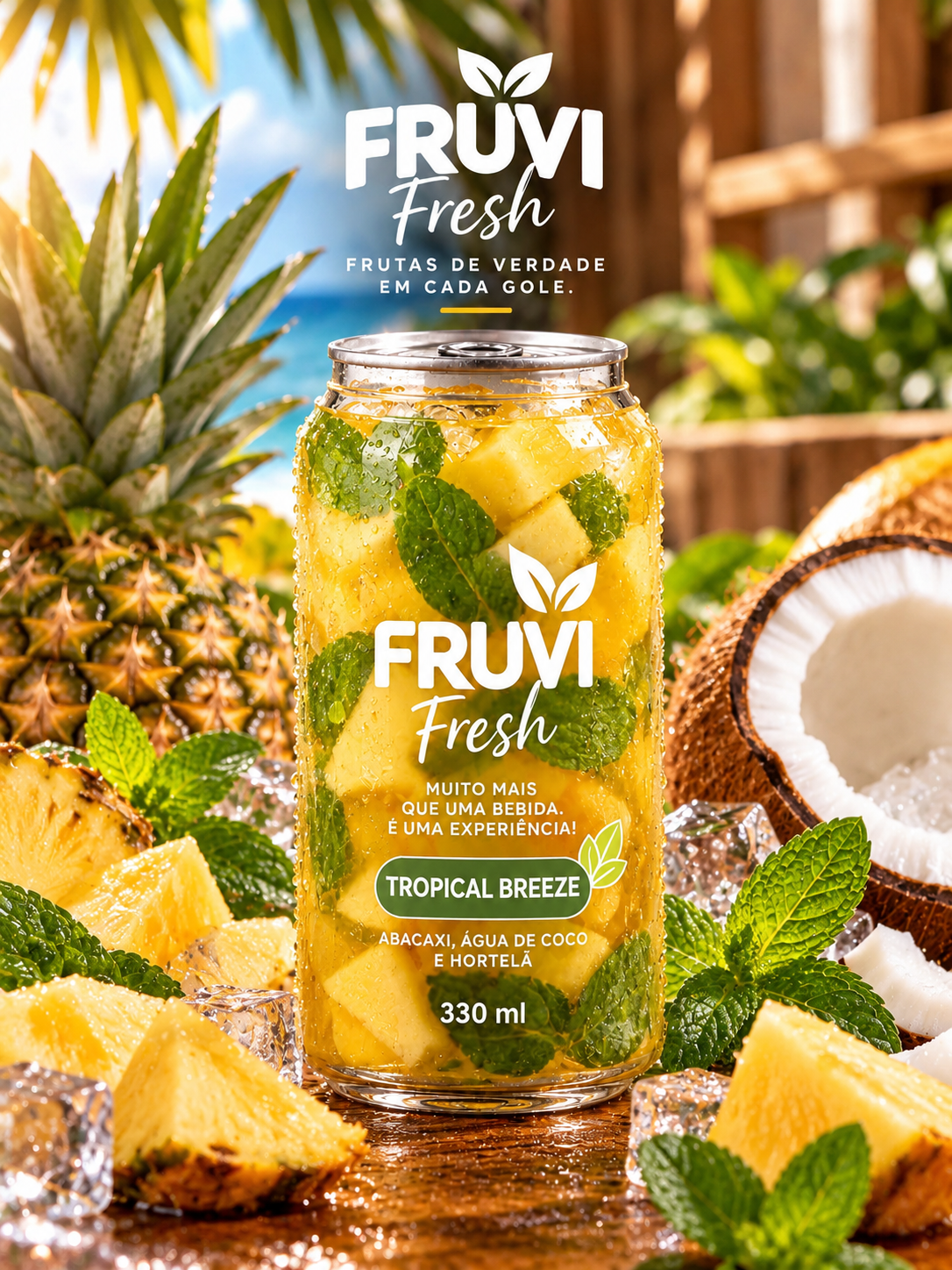 FRUVI Tropical Breeze com abacaxi, água de coco e folhas de hortelã