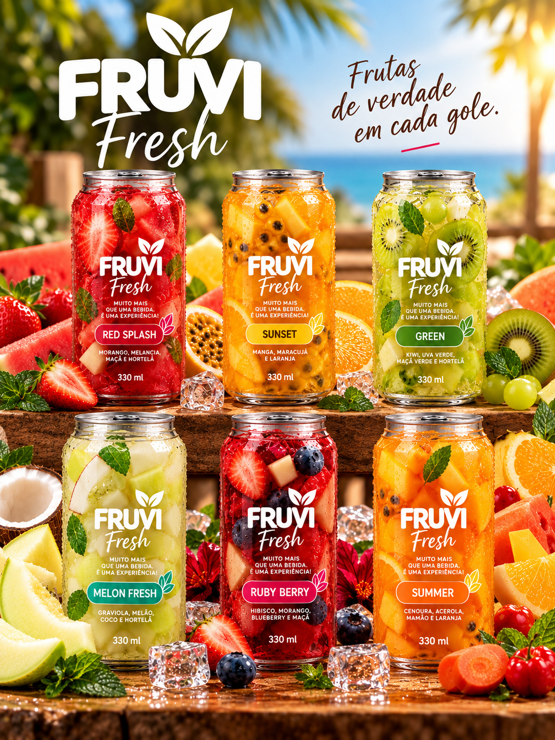 Latas FRUVI Fresh com os sabores Red Splash, Sunset, Green, Melon Fresh, Ruby Berry e Summer